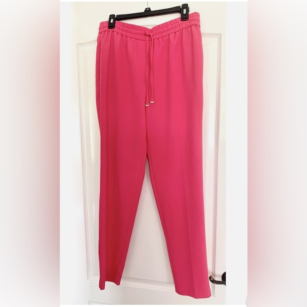 DONNA KARAN New York Pants women’s Size L Pink Drawstring Zip Pockets Gold